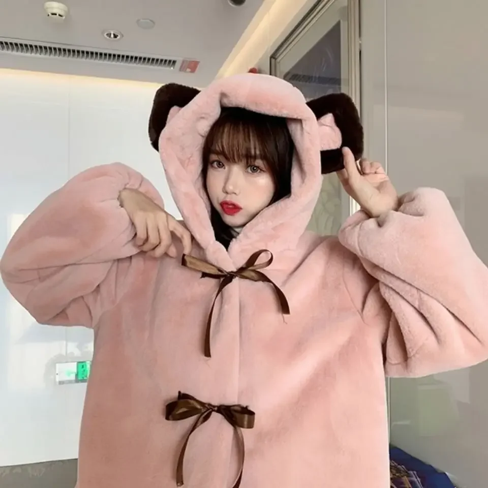 Fur Jacket Women Bear Ear Plush Jacket 2024 Winter New Korean Fashion Cute Preppy Style Oversized Hooded Loose Kawaii Fluffy