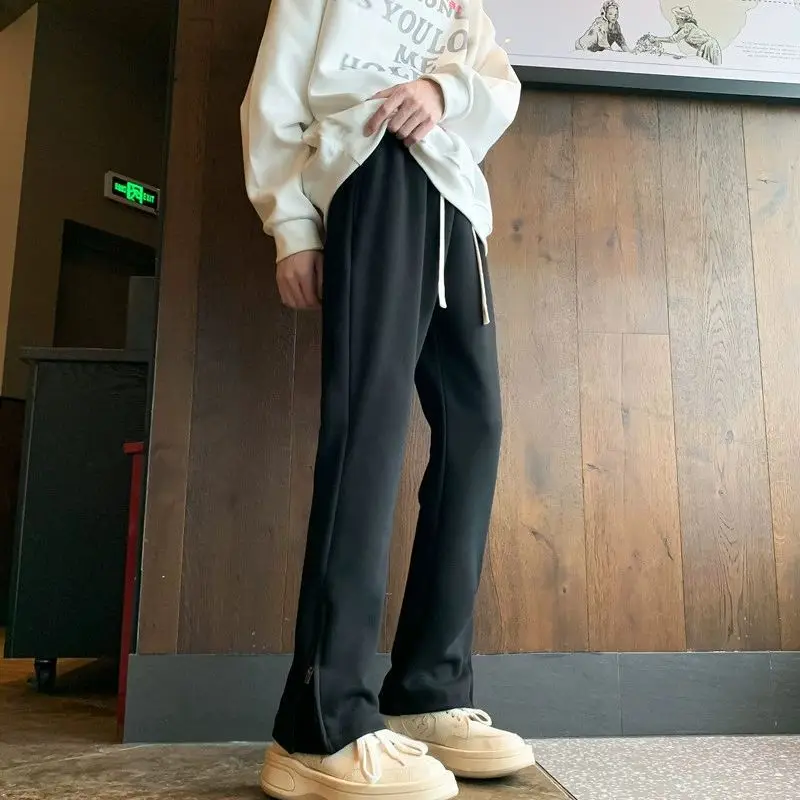 2024 New Black Elastic Waist Forking Sweatpants Men Spring American Style High Street Zipper Slim Solid Color Straight Leg Pant