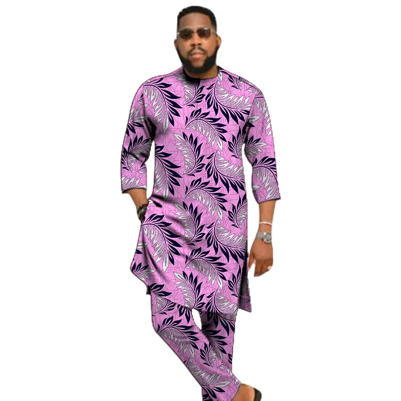 

African Wax Tops With Pants Men's Print Nigeria Style 3/4 Sleeve Shirt Male Groom Suit Tailor Made Wedding Party Outfits