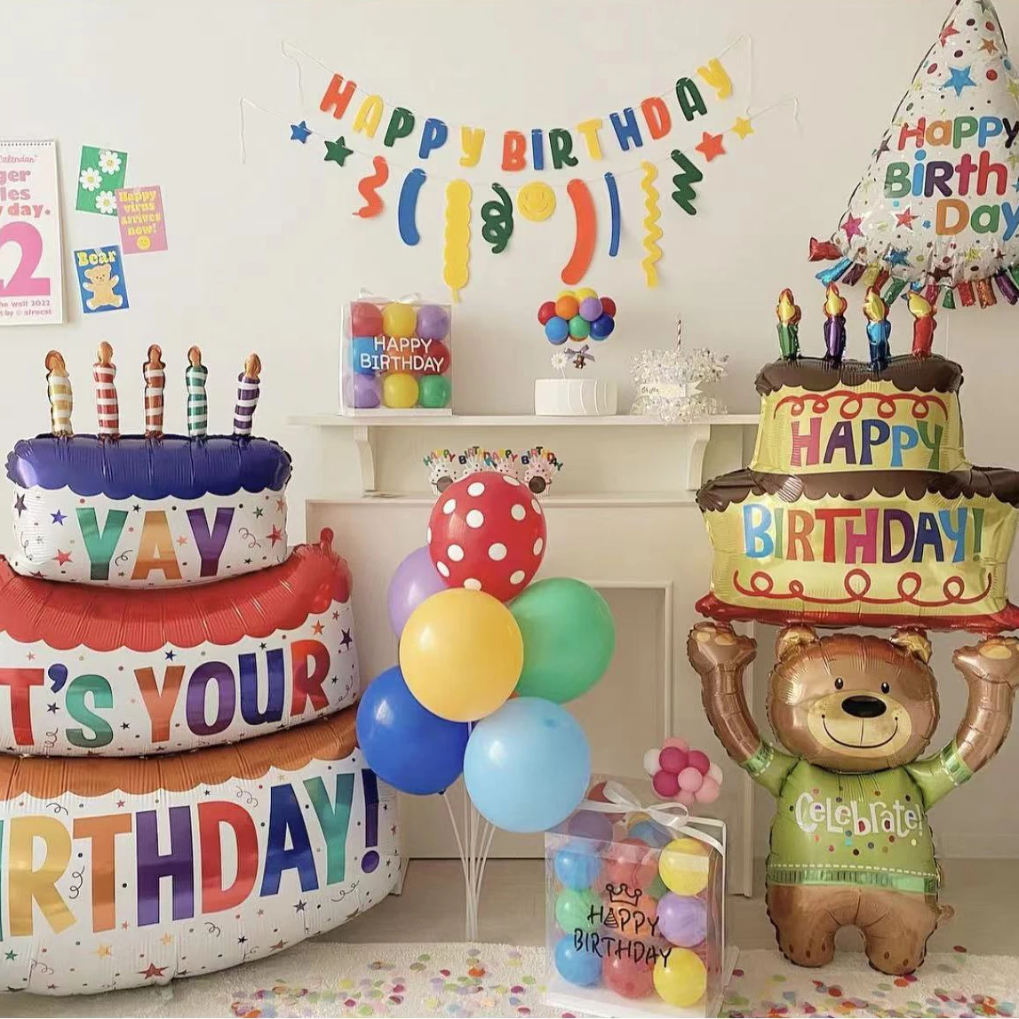 

3-Layer Large Cake Balloons Happy Birthday Cartoon Bear Cake Foil Balloons for Kids Birthday Party Decoration Props Ballon Toys