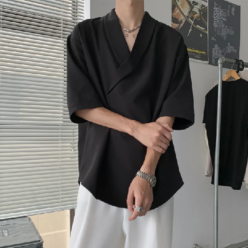 

Summer Japan Style V Neck Drape Short Sleeve Men T Shirt Irregular Fashion Punk 2xl Oversized Clothing Tops Black White Business