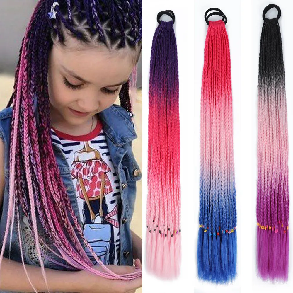 

AZQUEEN Synthetic Colored Braided Ponytail Hair Extension Rainbow Color Braids Pony Tail With Elastic Band Girl's Pigtail