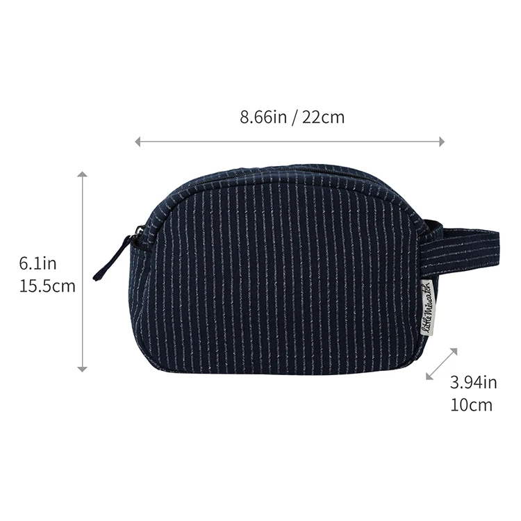 Klassisch gestreifte tragbare Kosmetiktasche mit großem Fassungsvermögen, Baumwoll-Leinen-Stoff, dunkler Reißverschluss, tragbare Aufbewahrungstasche für Hautpflege und Reisen – Detail 1