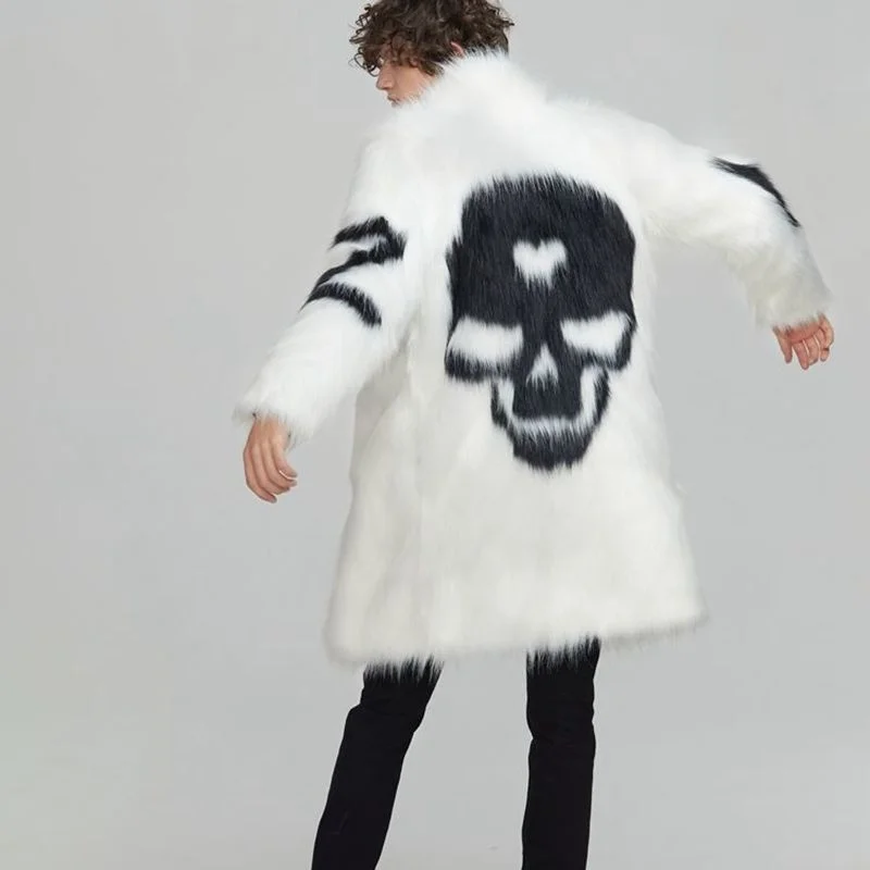 PFHQ Men's Youth Personality Skull Pattern Faux Fur Windbreaker