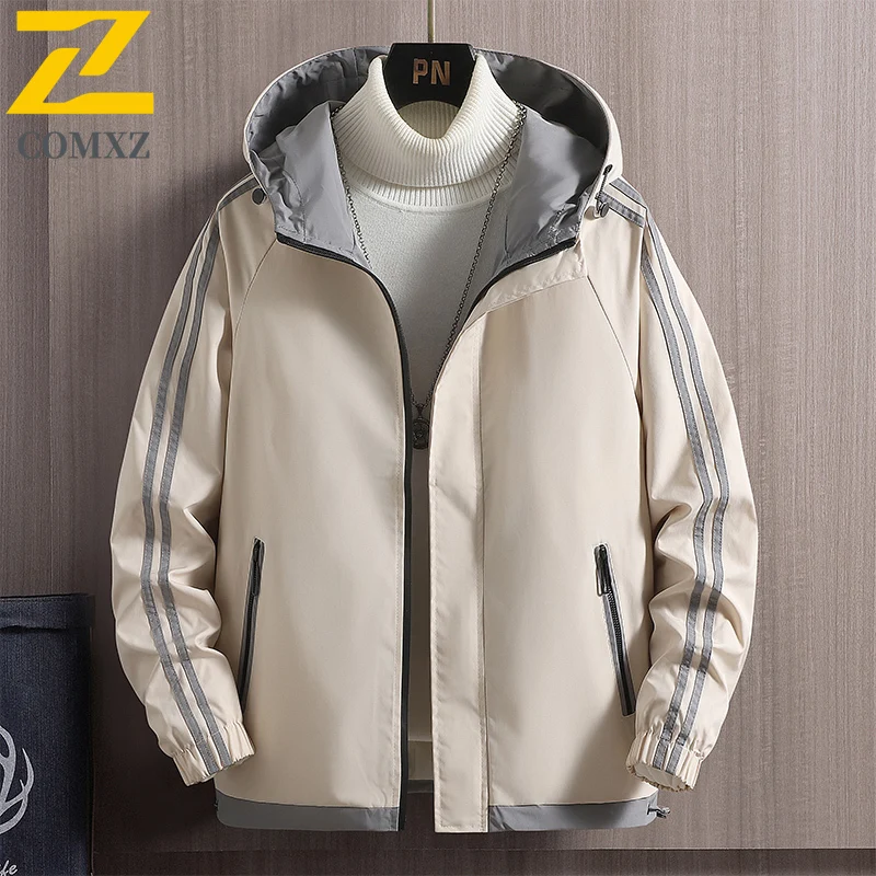 Autumn Winter Men's Jacket Daily Trend Hooded Breathable Jacket Outdoor Sports Fashion Striped Print Crisp Windproof Windbreaker