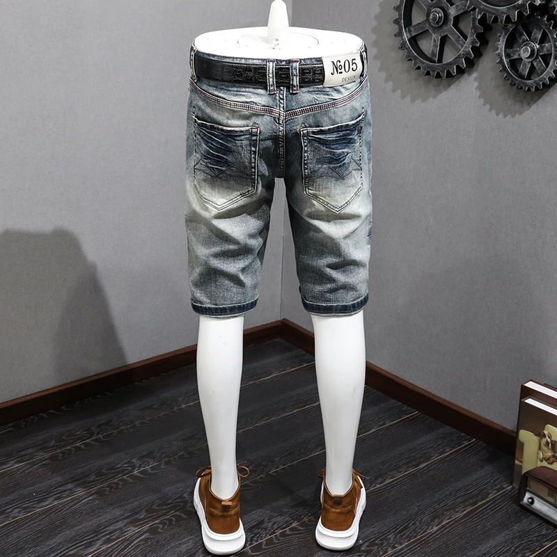 Summer Retro Denim Shorts Men's Slim Fit Oblique Pocket Korean StyleinsPersonality Nostalgic Street Trend Shorts