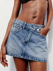 TRAF-2024 new summer women's button-down temperament mid-waist oblique waist decorative lace-up short skirt denim mini skirt