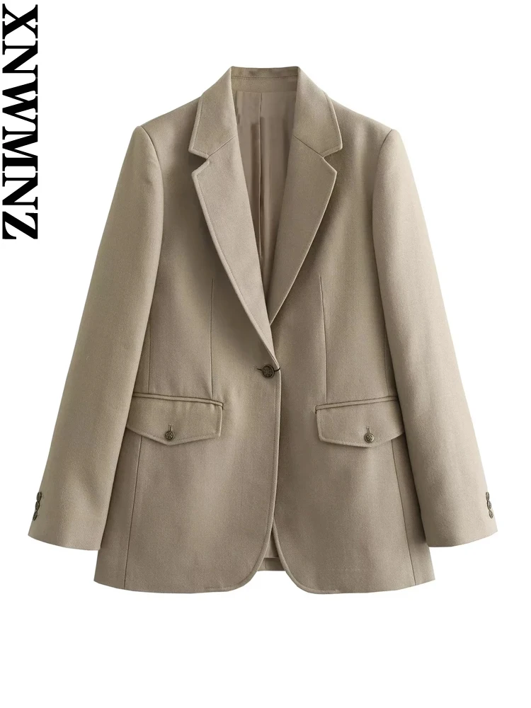 

XNWMNZ Women's Fashion 2023 Blazer Women Vintage Lapel Long Sleeve Single Button Pocket Office Lady Chic Female Suit Jacket
