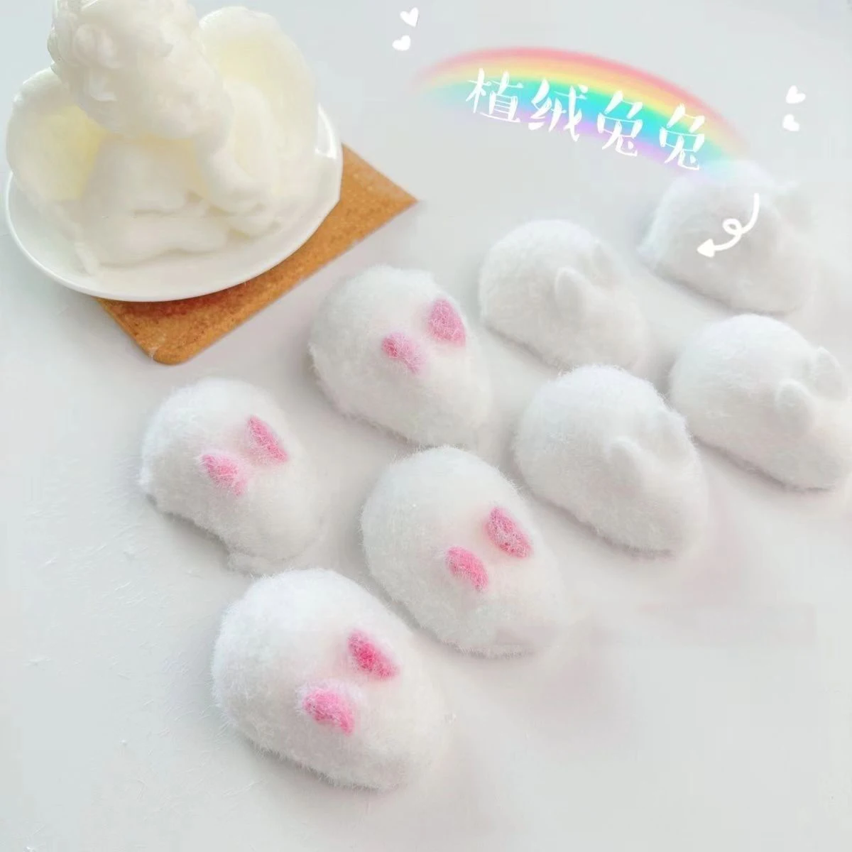 2024 Squishy Kawaii Handmade Silicone Mini White Rabbit Flocked Snow Powder Bunny Soft Pendant Girl Cute Birthday Gift Kids Toys 5