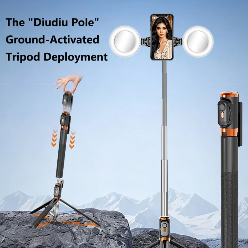 1,7 m Selfie-Stick-Stativ mit zwei Aufhelllichtern, kabelloser Bluetooth-Fernbedienung, 360° drehbarer, tragbarer Handyhalterung_voghion.com