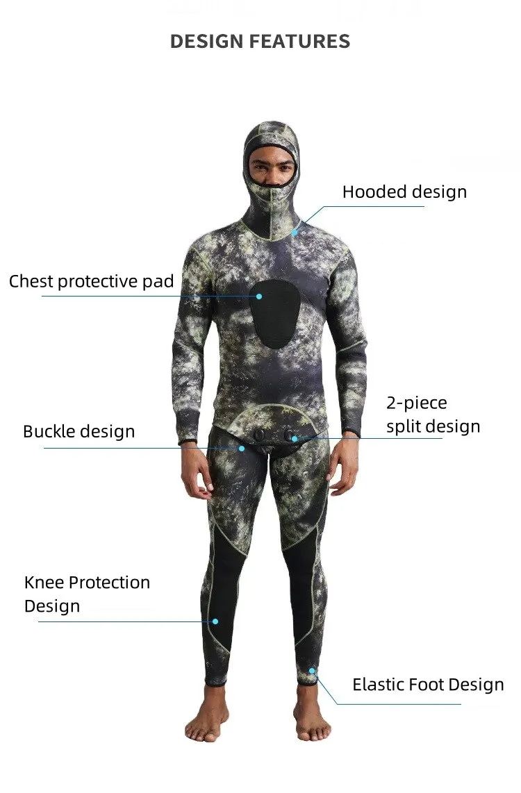 Wetsuit 3mm Camouflage Long Sleeve Fission Hooded 2 Pieces Of Neoprene Submersible For Men Keep Warm Scuba Diving Suit Swimwear