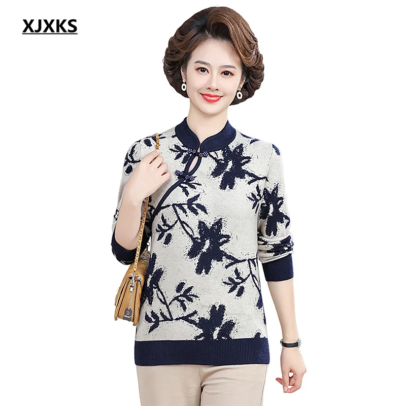 

XJXKS Temperament Chinese Cheongsam Collar Ladies Sweaters Jumper 2024 Winter Sweater Women High-end Wool Knit Pullover Knitwear