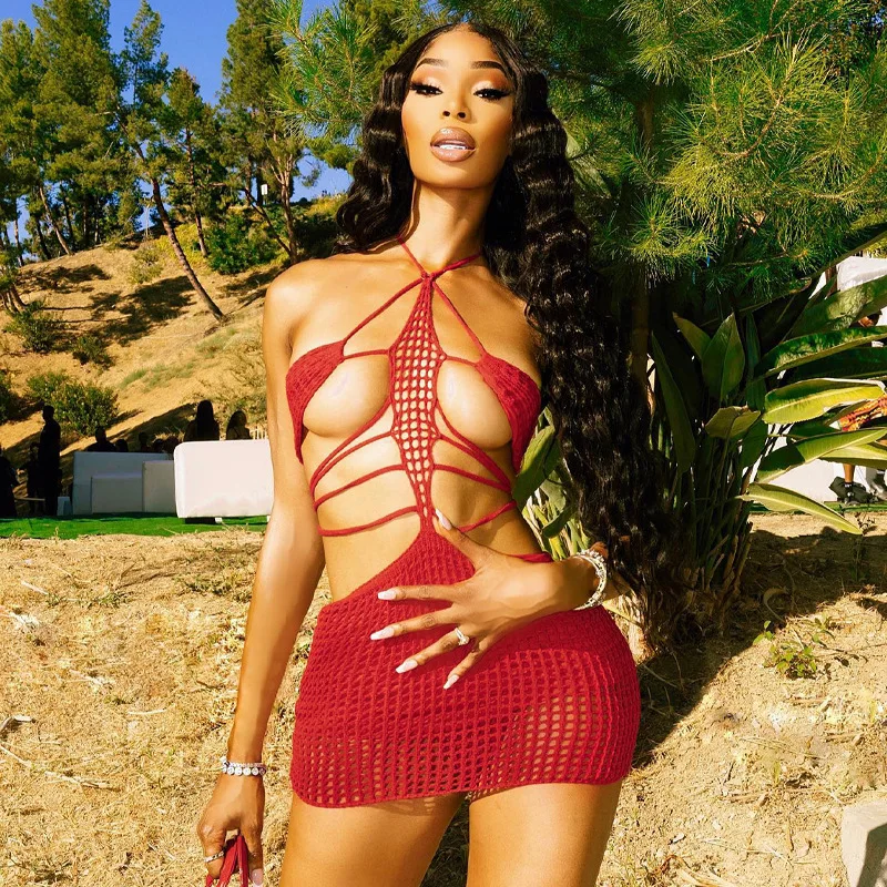 

2023 Crochet Solid Sleeveless Lace Up Hollow Out See Through Sexy Slim Mini Dress Summer Women Clothes Baach Club Ravealing