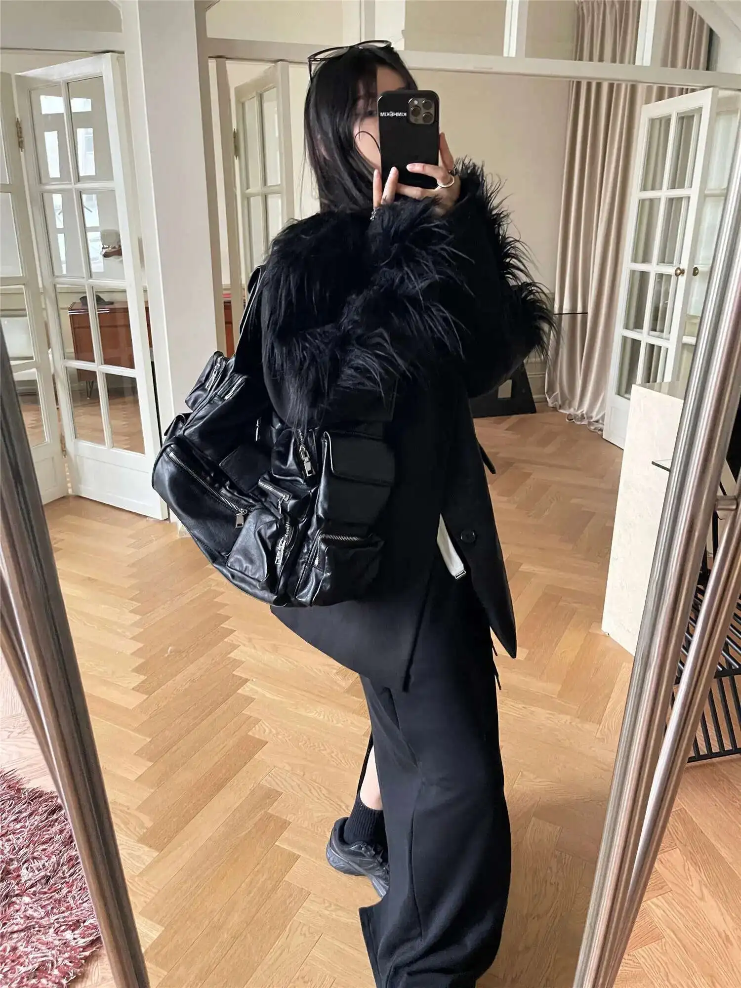 ZMEENNA معطف نسائي صوف بأكمام طويلة مرقع من الفرو...