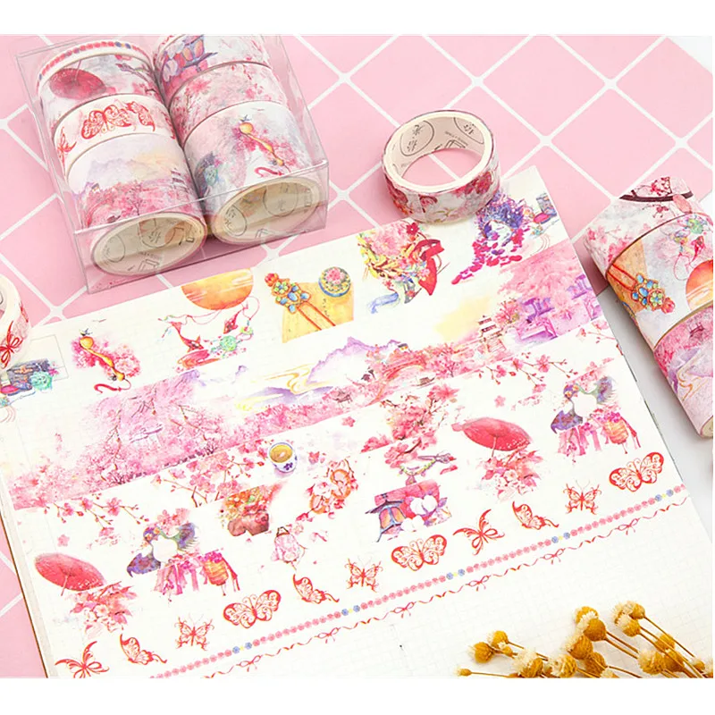 8롤 사쿠라 와시 테이프 세트 스크랩북 콜라주 마스킹 테이프 소녀용 스타터 저널 DIY 공예 장식 문구 선물