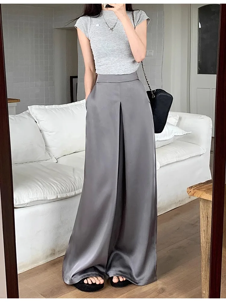 

HOUZHOU Office Ladies Satin Suit Pants Vintage Oversize High Shot Youthful Woman Trousers Baggy Elegant Korean Fashion Palazzo