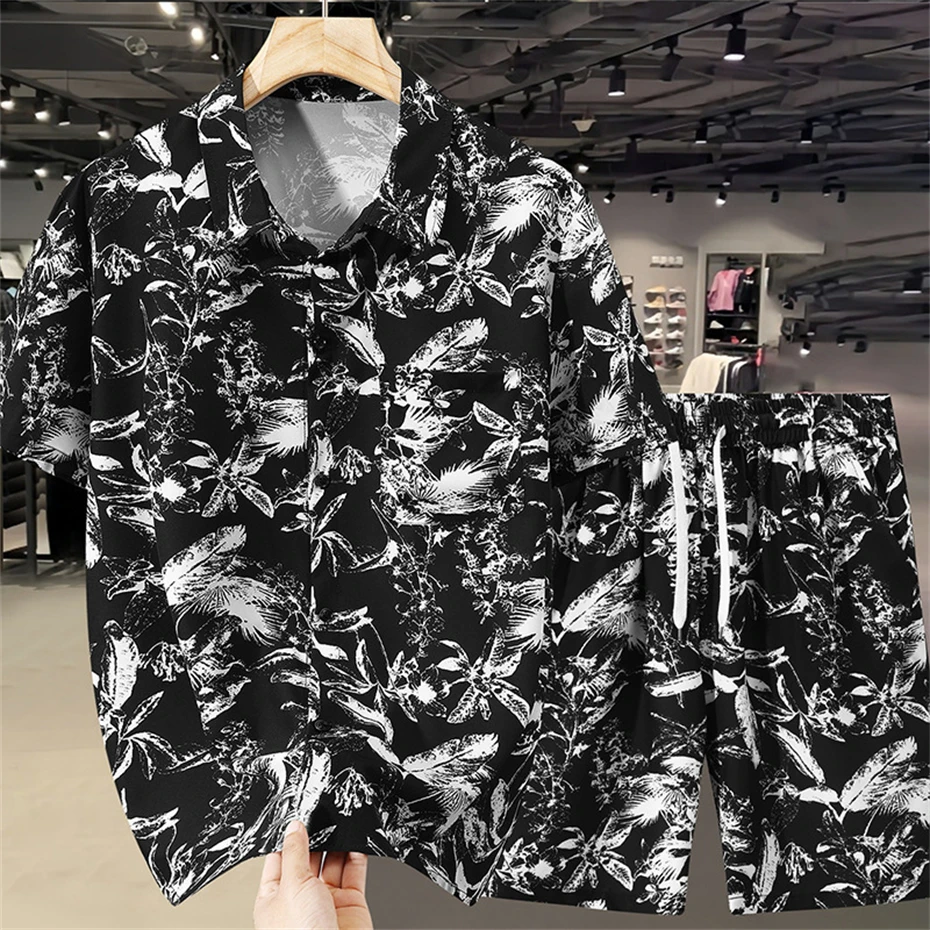 여름 하와이안 비치 셔츠 수트 남성 11XL 10XL 플러스 사이즈 세트 여름 셔츠 반바지 남성 패션 하와이안 셔츠 큰 사이즈 10XL