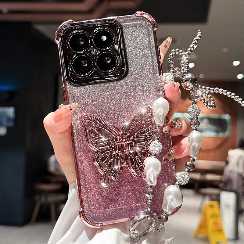 Gradient Glitter Pearls Butterfly Wrist Chain Holder Stand Shockproof Case