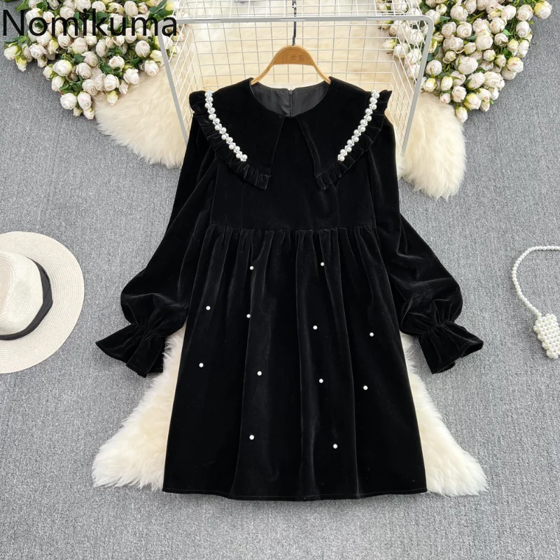 

Nomikuma Vestidos Elegantes Para Mujer Lantern Sleeve Heavy Beading Chic Vestido Feminino Vintage Fashion Sweet Dress for Women