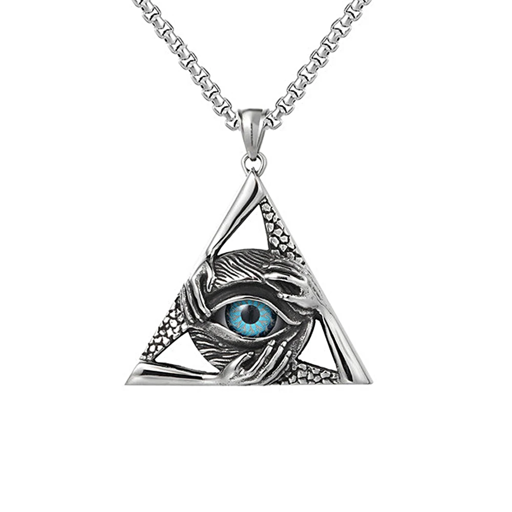 Retro Unique Evil Eye Pendant for Men Punk Hip Hop Stainless Steel Triangle Necklace Personality Fashion Jewelry Gift Wholesale