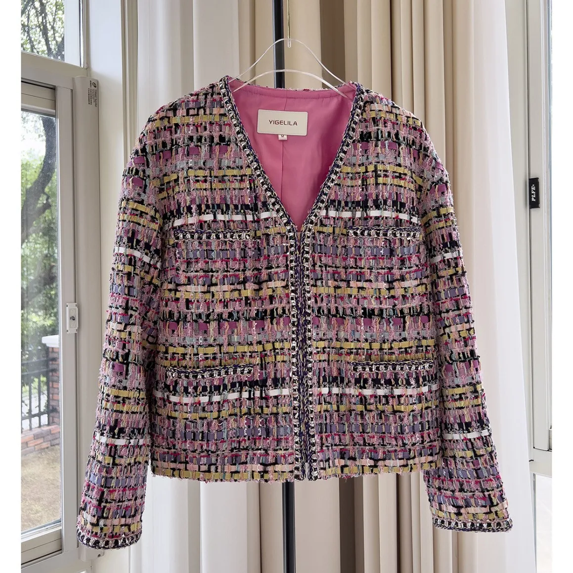 

2023 Spring Autumn Brand New Designer Women's High Quality V-neck Plaid Tweed Jackets Coat C789