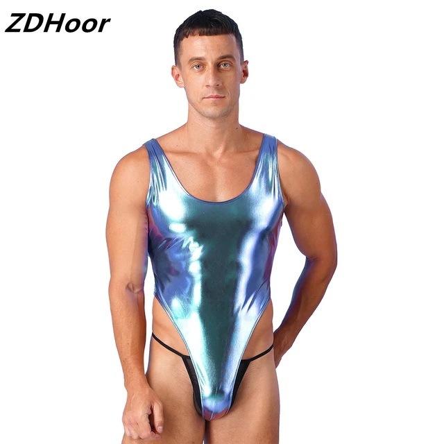 Mens Fashion One-piece Swimsuit Sleeveless High Cut Wetlook Faux Leather Stretch  Leotard Bodysuit Bathing Suit - AliExpress