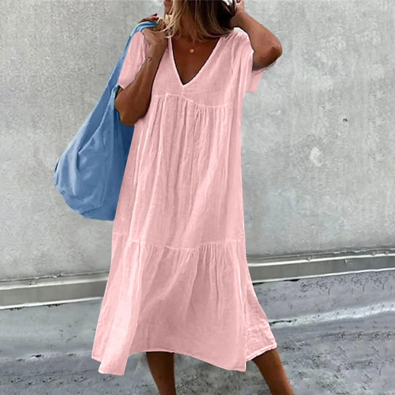 

Dressed for Summer Womens Dress Casual Solid Color Short Sleeve V Neck Stitching Loose Fit And Flare Summer Dress for Women