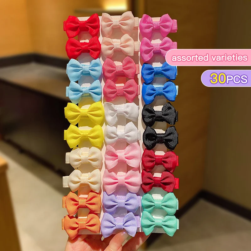 30 colored random bow fabric hair clips