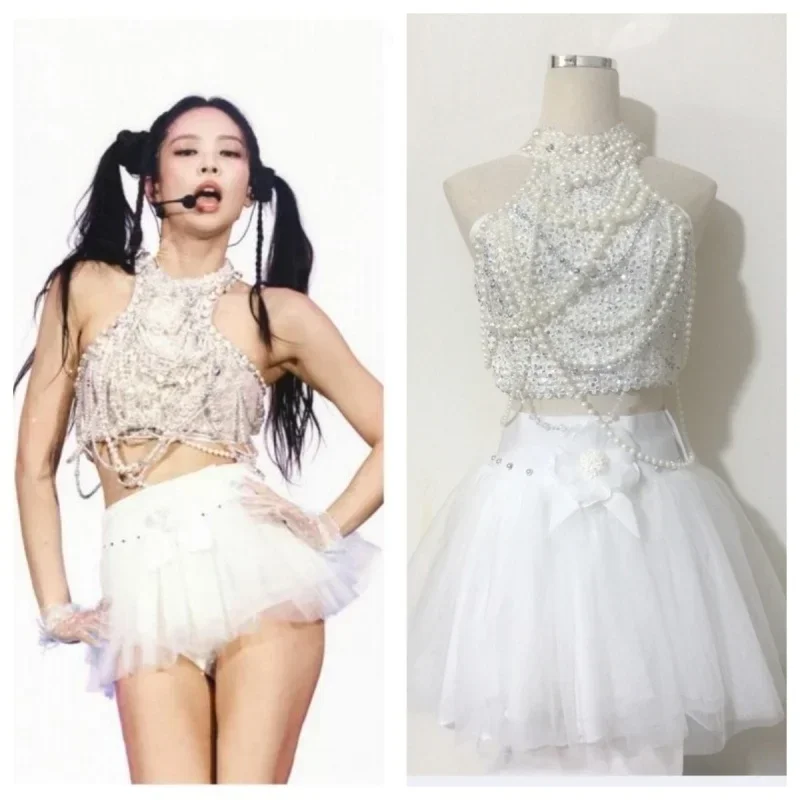 

Kpop Girl Group Jennie Jazz Dance White Pearl Halter Vest Crop Tops Stage Costume Sexy Shaggy Mini Skirt Music Festival Outfits