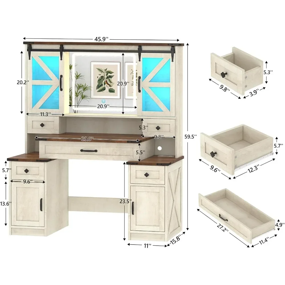Farmhouse Vanity Desk with Mirror and Lights, Charging Station&Storage Drawers & Sliding RGB Cabinets, 45.9" Makeup Vanity Table 2