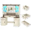 Farmhouse Vanity Desk with Mirror and Lights, Charging Station&Storage Drawers & Sliding RGB Cabinets, 45.9" Makeup Vanity Table 2