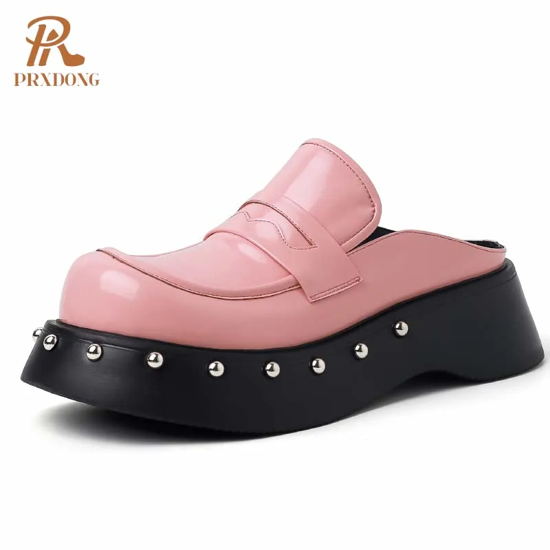 

Women's 2024 New Fashion Summer Genuine Leather Med Heels Platform Rivets Black Pink Dress Party Casual Female Sandals Slippers