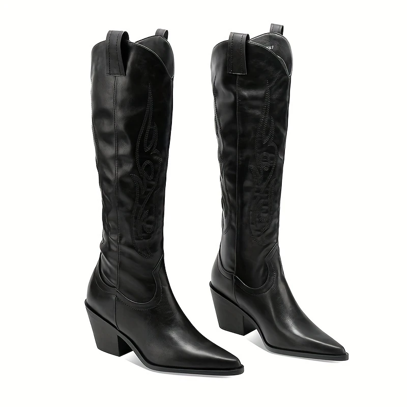 Women's Western Mid calf Pointed Head Large Denim Embroidered Flame High Heels Over Knee Gothic Boots
