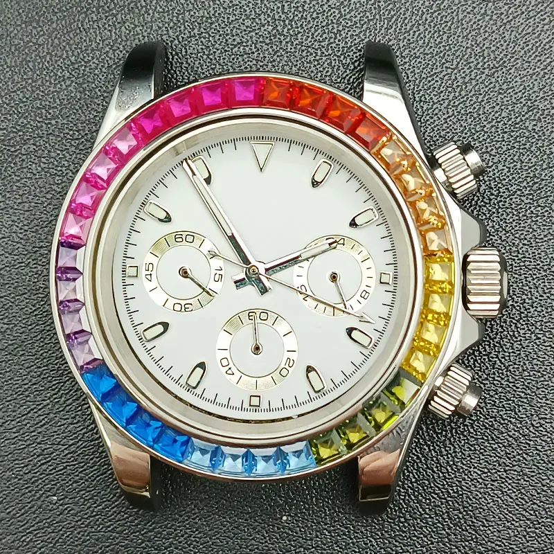 

39mm watch Stainless steel case sapphire glass with tight bottoming back cover diamond-encrusted case fits VK63 movement