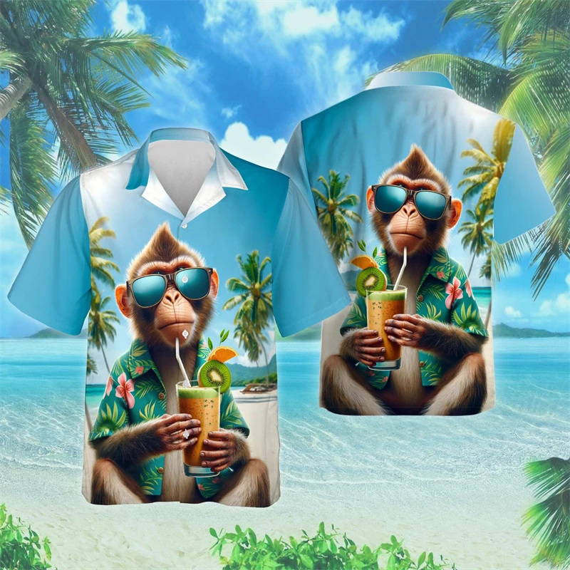 Funny Monkey 3D Printed Beach Shirts Casual Hawaiian Beach Shirt Hip Hop Male Short Sleeve Cute Animal Women Blouses Button Tops