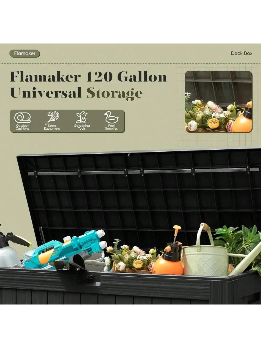 Flamaker Resin Deck Box 120 Gallon Waterproof Large Deck Boxes Plus Outdoor Indoor Storage Box Imitation Wood Resin for 5