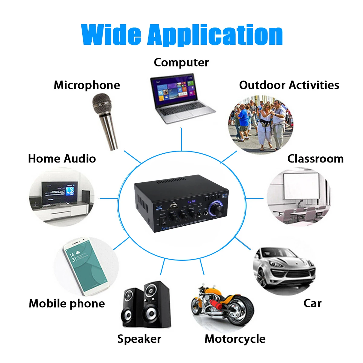 AK45/AK35 800W Home Power Amplifier 2 Channel Bluetooth 5.0 Mini Hifi Digital Stereo Sound Amplifier Support FM USB SD Mic input