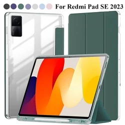 Hybrid Slim Tablet Case Cover with Built - in Pencil Holder and Clear Transparent Shell for Redmi Pad SE (TMYKL - Dark Green)
