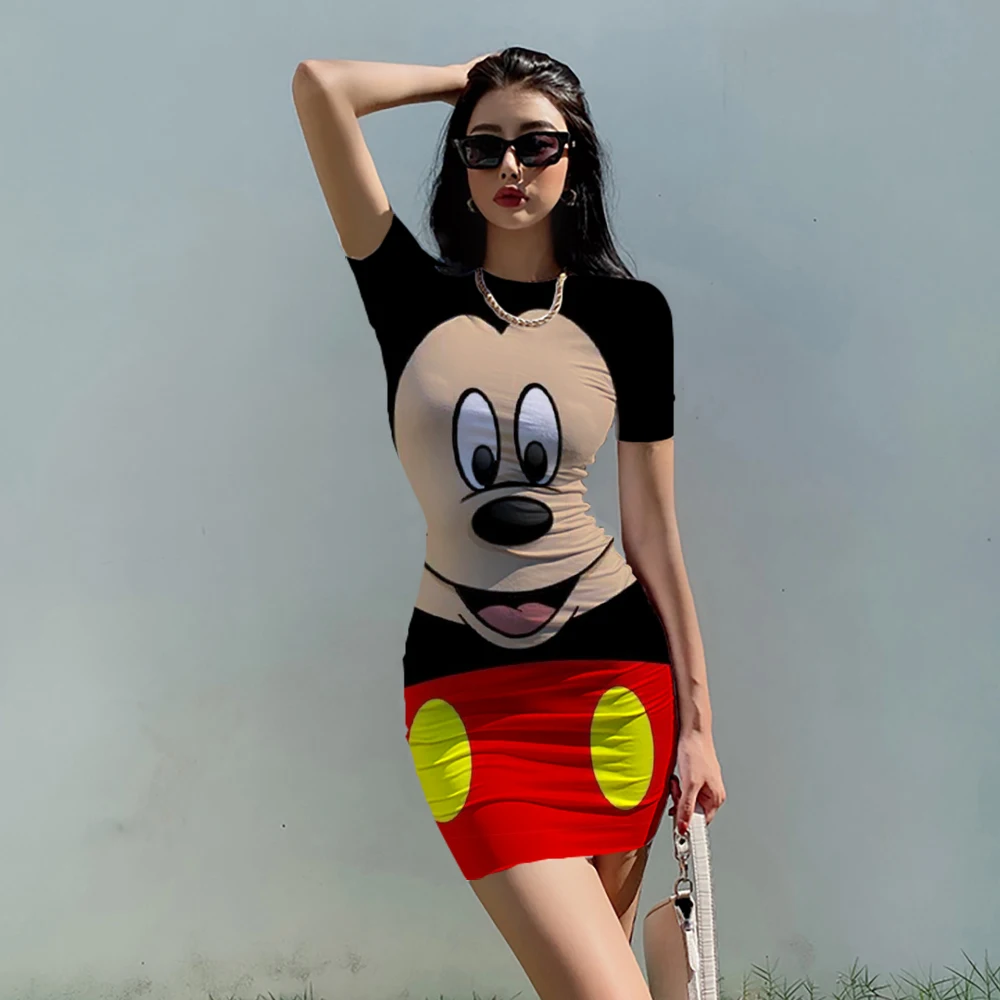 

Hot Summer Women Skinny Dress Costumes Disney Mickey Minnie Mouse Ladies Casual Girls Party Dress Sexy Long Cartoon Print