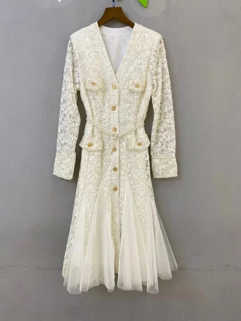 

High Quality Lace Dress 2022 Autumn Winter Party Elegant Women V-Neck Pocket Button Beading Deco Long Sleeve Mid-Calf Mesh Dress