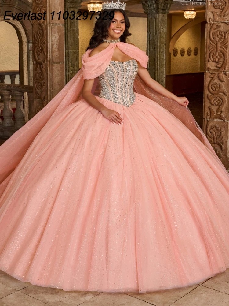 

EVLAST Glitter Blush Pink Quinceanera Dress Ball Gown Lace Applique Beading Crystal With Cape Sweet 16 Vestido De 15 Anos TQD440