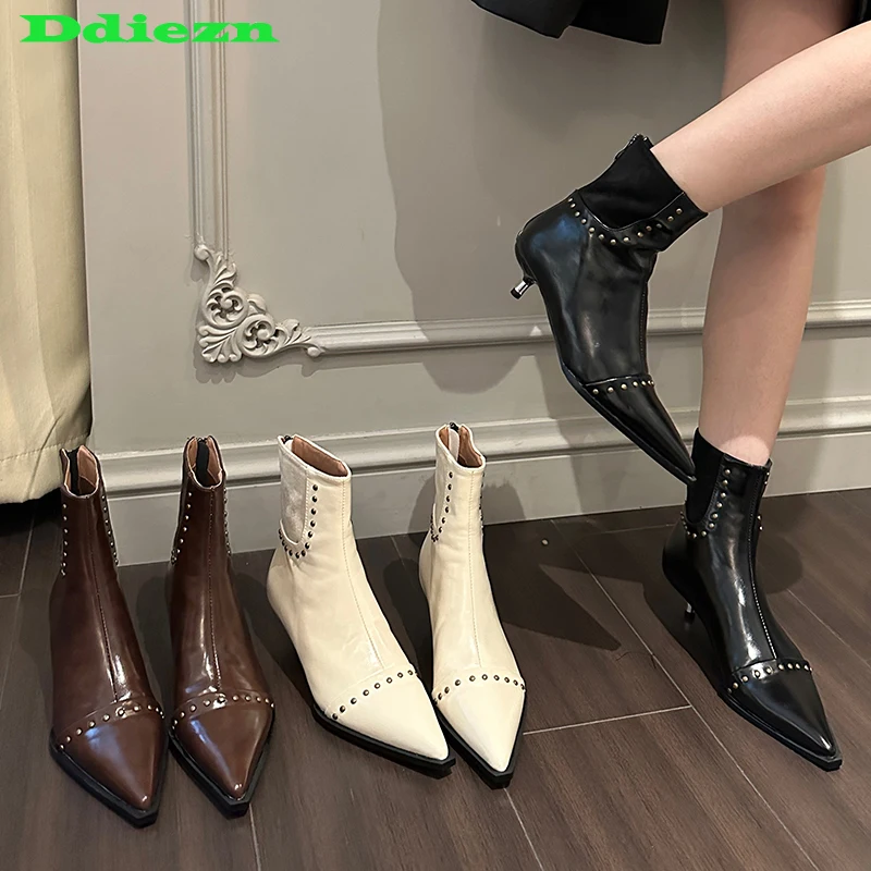 

Ladies Footwear Heels Short Booties 2023 New In Shoes Autumn Fashion Rivet Women Ankle Modern Boots Female Zippers Shoes