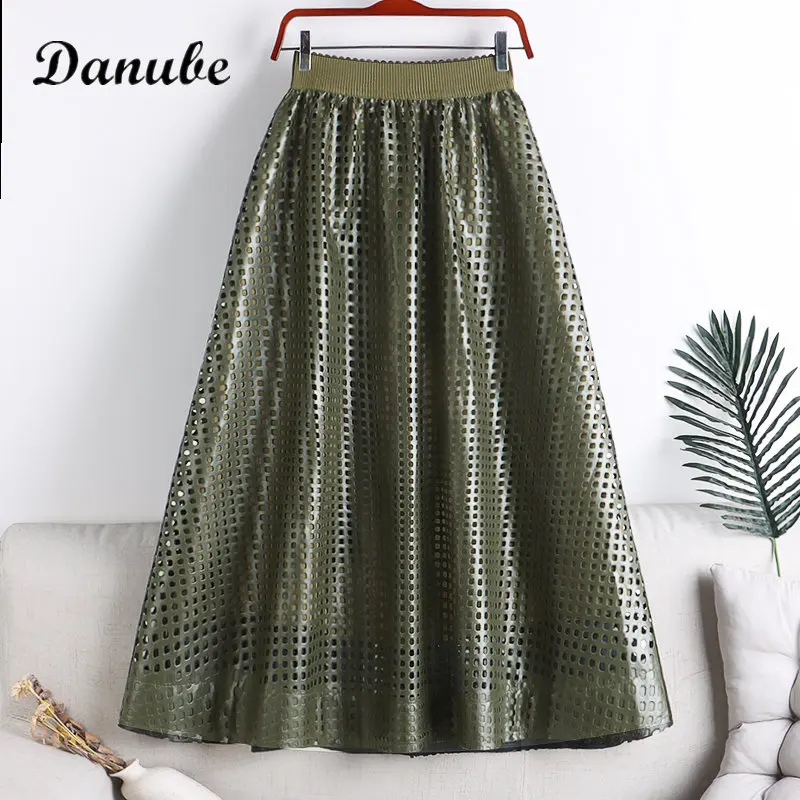 

Vintage Hollow Out PU Leather Skirt Women 2023 Summer Elegant Elastic High Waist A-Line Green Midi Skirt Faldas Mujer Saias Jupe