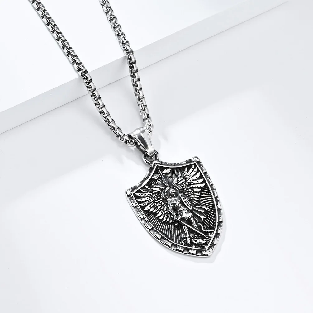 PSJ Fashion Jewelry Accessories Vintage Archangel Shield Pendant Titanium Stainless Steel Necklaces for Men