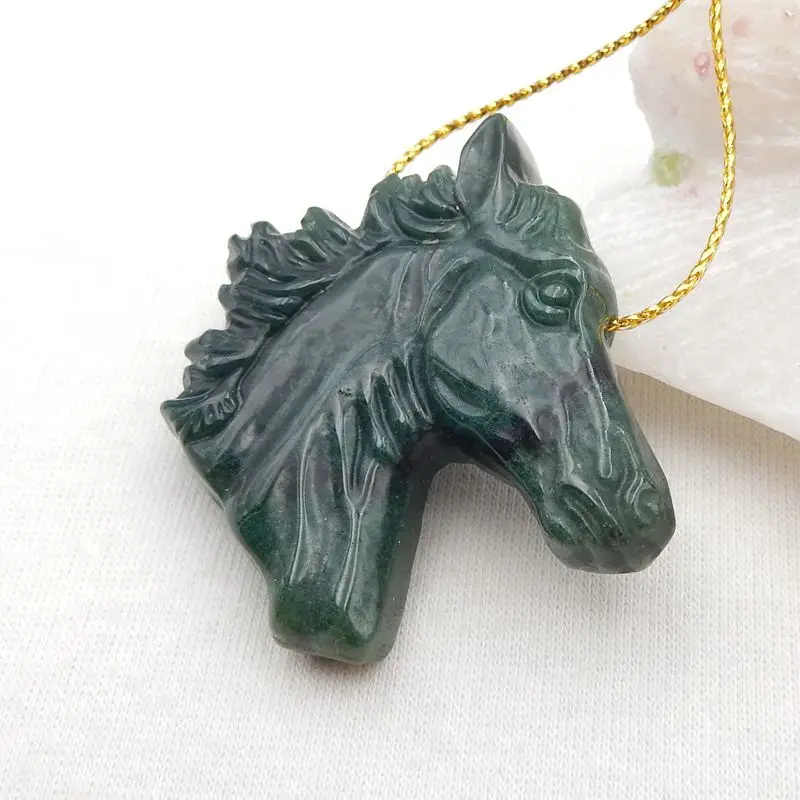 Semiprecious Customized Jewelry Natural Stone Moss Agate Handmade Carved Horse Head Pendant Bead 42x39x10mm 25g