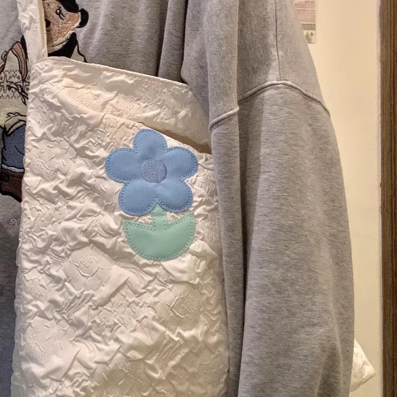 Xiuya Designer Aesthetic Womens Shoulder Bag Literary Lightweight Korean Style Fashion Tote Bag Cute Sweet Flower Female Handbag