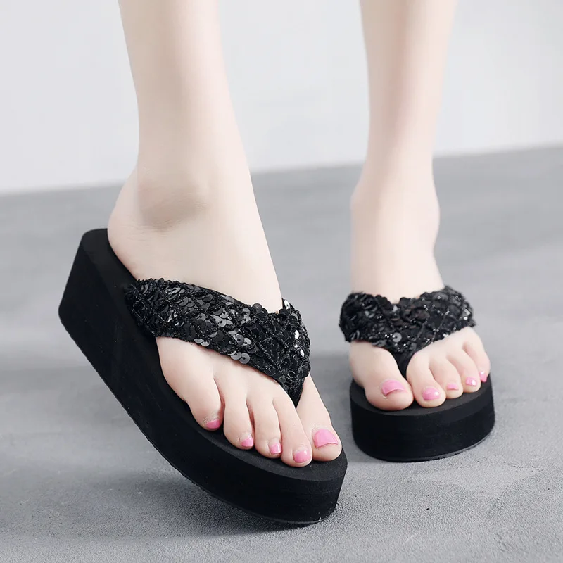 Paillettes Moda 3-5Cm Pantofole Estive Beige Nere Zeppe Piatte Casual Pantofole Da Spiaggia Sandali Esterni Abbigliamento Sportivo Donna Infradito