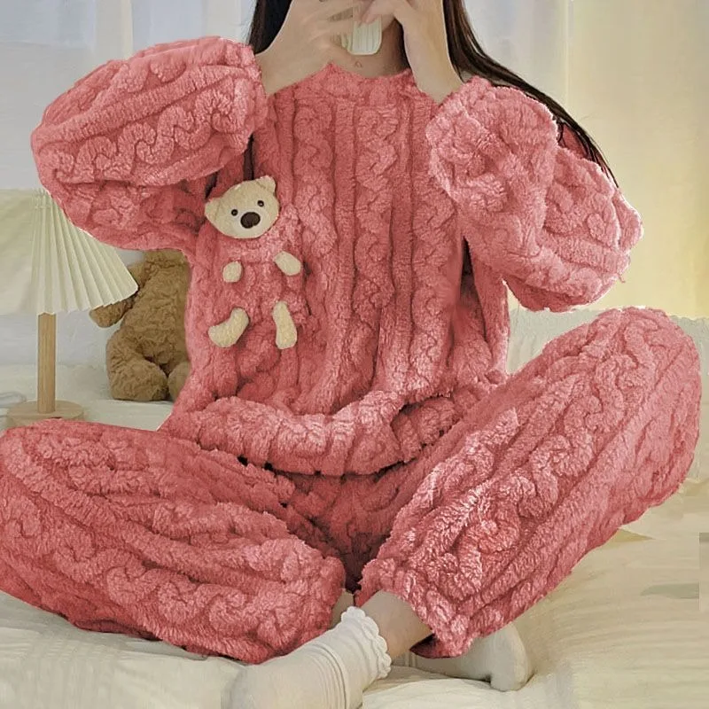 

Cute Pocket Bear Coral Velvet Pajamas Women Autumn Winter Plus Velvet Sleepwear Padded Flannel Home Service Suit Outside Wear