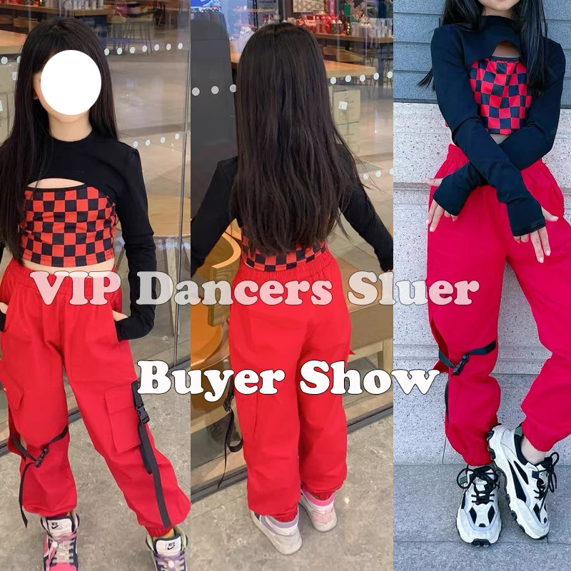 Hip Hop Dance Clothing For Girls Black Crop Tops Red Pants Street Dance Outfits Jazz Modern Stage Costumes DQS8761