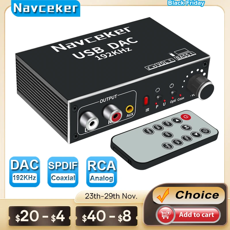 Navceker Dac Digital para Conversor de Áudio Analógico Fibra Coaxial Óptica Spdif para Rca 3.5 mm Jack Amplificador Adaptador de Áudio para Ps4 tv